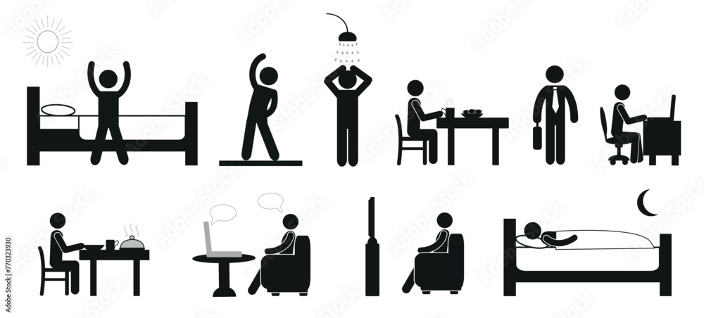 Healthy lifestyle. Daily chores, routine. Stick to the daily routine. Drawing, pictogram, icons isolated on a white background. Flat vector illustration Healthy lifestyle. Daily chores, routine. Stick to the daily routine. Drawing, pictogram, icons isolated on a white background. Flat vector illustration