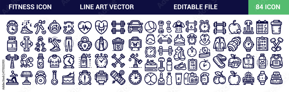 Fitness icon set, with editable vector stroke icon set, gym, and health care. Outline symbol collection. Simple vector illustration Fitness icon set, with editable vector stroke icon set, gym, and health care. Outline symbol collection. Simple vector illustration