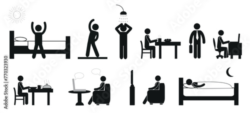 Healthy lifestyle. Daily chores, routine. Stick to the daily routine. Drawing, pictogram, icons isolated on a white background. Flat vector illustration