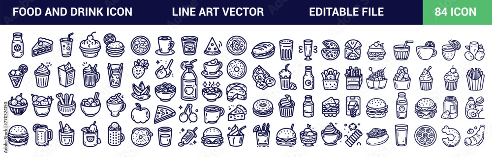 Food and drinks icon set. Restaurant line icons set.Editable Stroke Vector Icon Set. Outline icons collection. Simple vector illustration