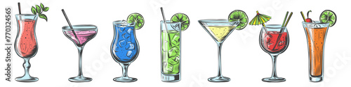 Alcoholic cocktails hand drawn collection.  popular Cocktails set Vintage illustration isolated on white background. Menu design elements. Alcoholic drinks set.