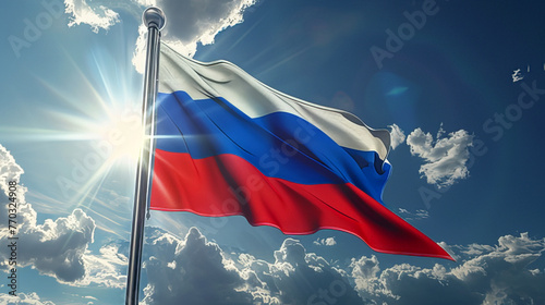 Russian flag on a pol against cloudy sky and sun rays. Flag of Russia waving white blue and red horizontal stripes 