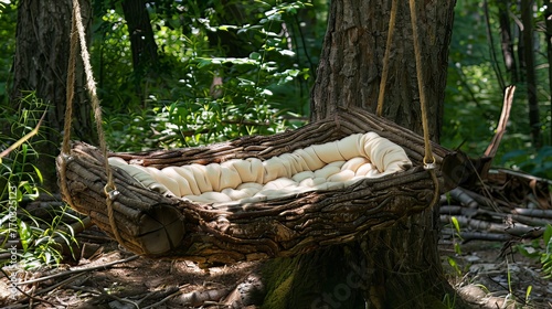 A rustic crib crafted from wood is securely fastened to the tree, offering a natural and cozy resting place for infants --ar 16:9 Job ID: 66a677a1-bd5c-4902-a737-3dec31e627fd