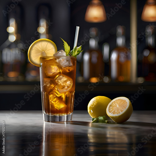 Glass of iced tea with lemon and mint on the bar counter