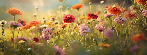 meadow flowers in early sunny fresh morning. Vintage autumn landscape background. colorful beautiful fall flowers magical