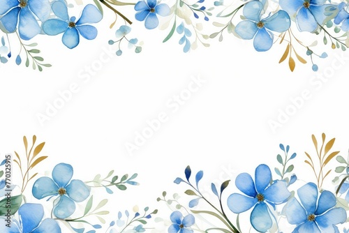 watercolor of forget me not flowers frame, botanical border, Summer flowers Scorpion Grass, Myosotis. AI illustration. For packaging, textile, web pages, wedding invitations, greeting cards..