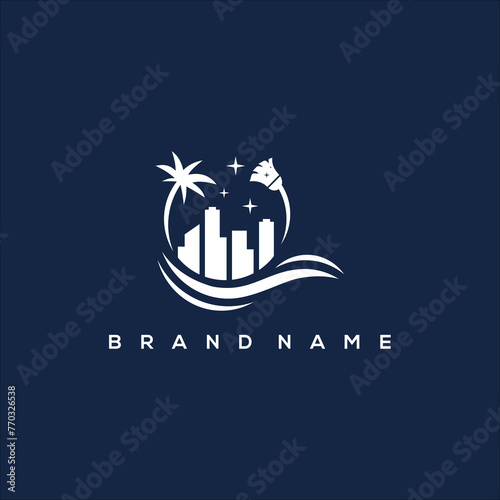 beach and city building cleaning service logo vector