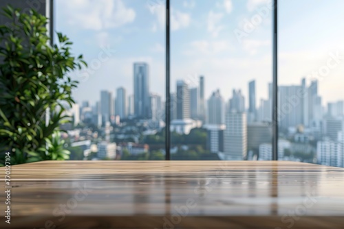 Wooden tabletop with a blurred cityscape background seen through glass.