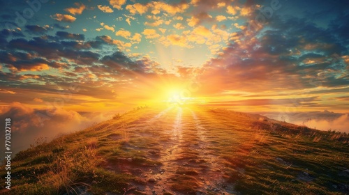 A path leading upwards towards a radiant sunrise, symbolizing the rewards of perseverance.