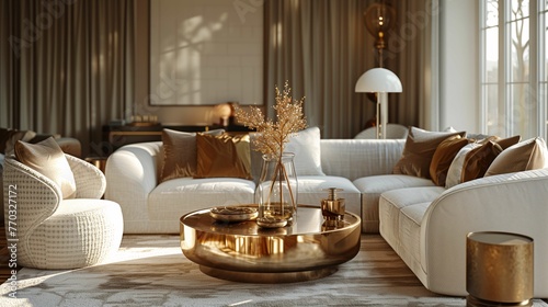 Elegant Living Room Interior with Luxurious Furniture and Golden Decor