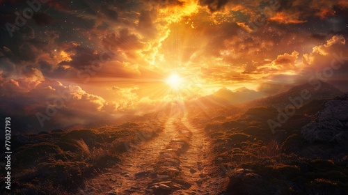 A path leading upwards towards a radiant sunrise, symbolizing the rewards of perseverance. photo