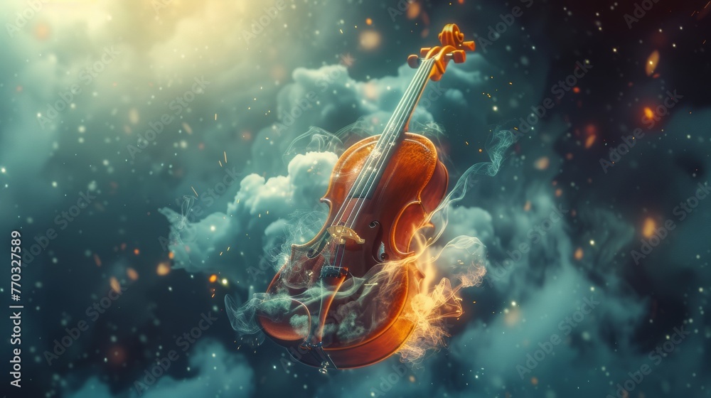A musical instrument floating in mid-air, emitting powerful sound waves, representing the melody of one's soul.