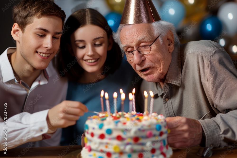 An elderly man blows out the candles on a cake. Celebrating a birthday with family. AI generative An elderly man blows out the candles on a cake. Celebrating a birthday with family. AI generative