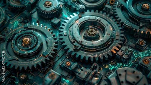 A network of gears and cogs interwoven with circuit boards, symbolizing the complex machinery of technology.  photo