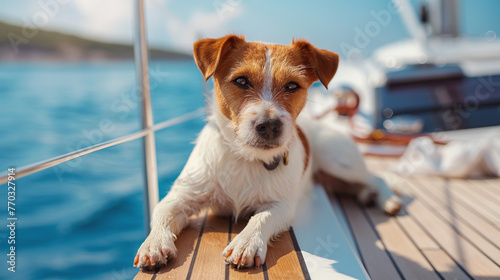 dog swimming on a luxury yacht deck against sea water on a bright sunny summer day