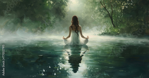 A woman in white meditates on the water, surrounded by green trees and misty rain forest. The scenery is beautiful, with reflections of light and a symmetrical composition © Kien