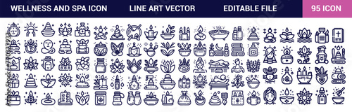 Wellness and spa icon set. Containing massage, yoga, spa, relaxation, health, exercise, diet, wellbeing, meditation, aromatherapy and Editable stroke. Vector illustration
