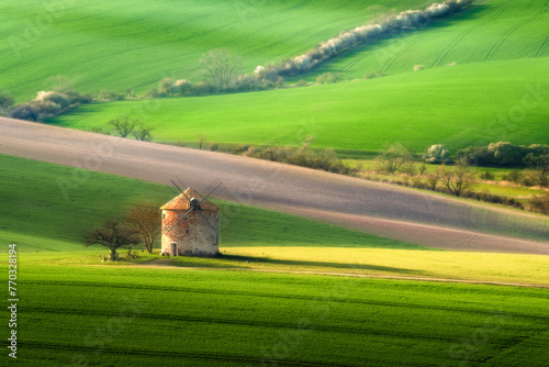 Kunkovice windmill in the Czech Republic. Historical windmill in the fairytale landscape of South Moravia. 