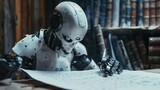 Bot Writing with Pen on Paper. Robot, Learn, AI, Computer, Write, Information, Study, Work, Cyborg, Future, Artificial, Assitant, Artificial Intelligence, Intelligent, Mechanical 