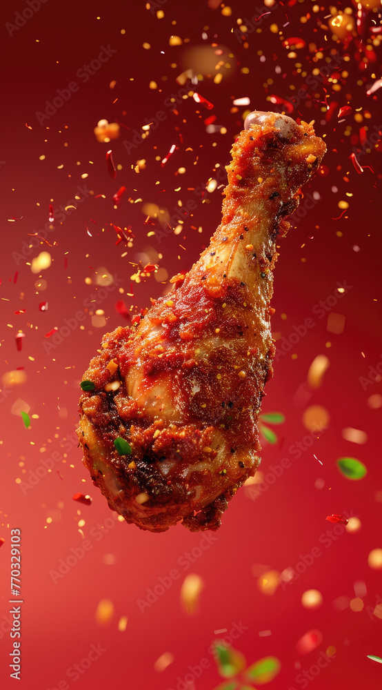A huge fried chicken leg floats in the air, surrounded by golden red powder and particles of hot sauce splashing around it.