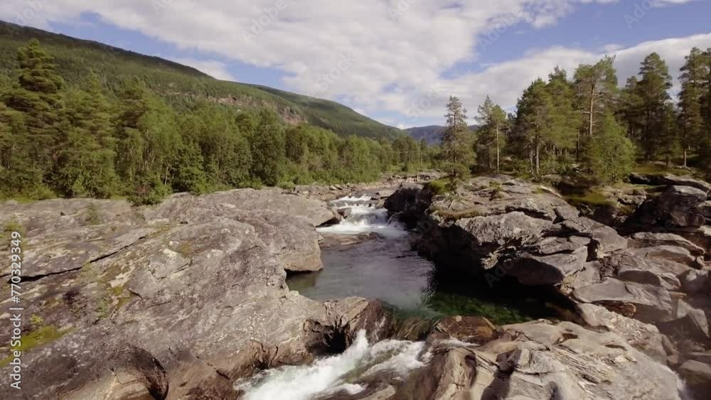 Aerial of a small river with rapids and pools in northern Norway Aerial of a small river with rapids and pools in northern Norway
