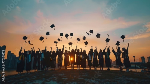 Silhouettes of graduates throwing their caps in the air at sunset, with a city skyline in the background, celebrating their achievements.