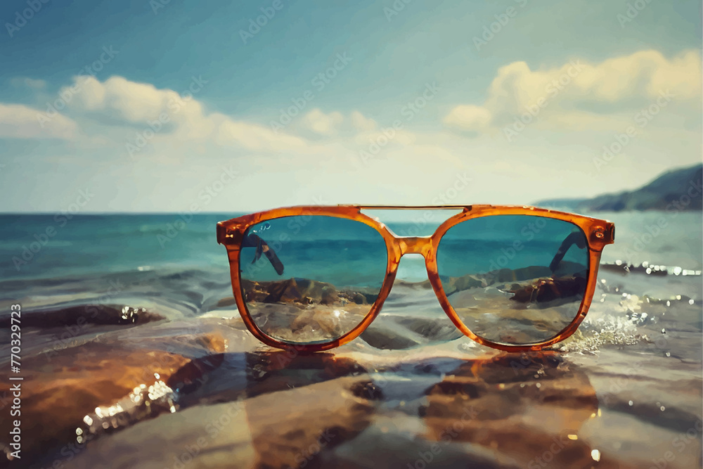 custom made wallpaper toronto digitalSunglasses on the sand beach. Waves background.