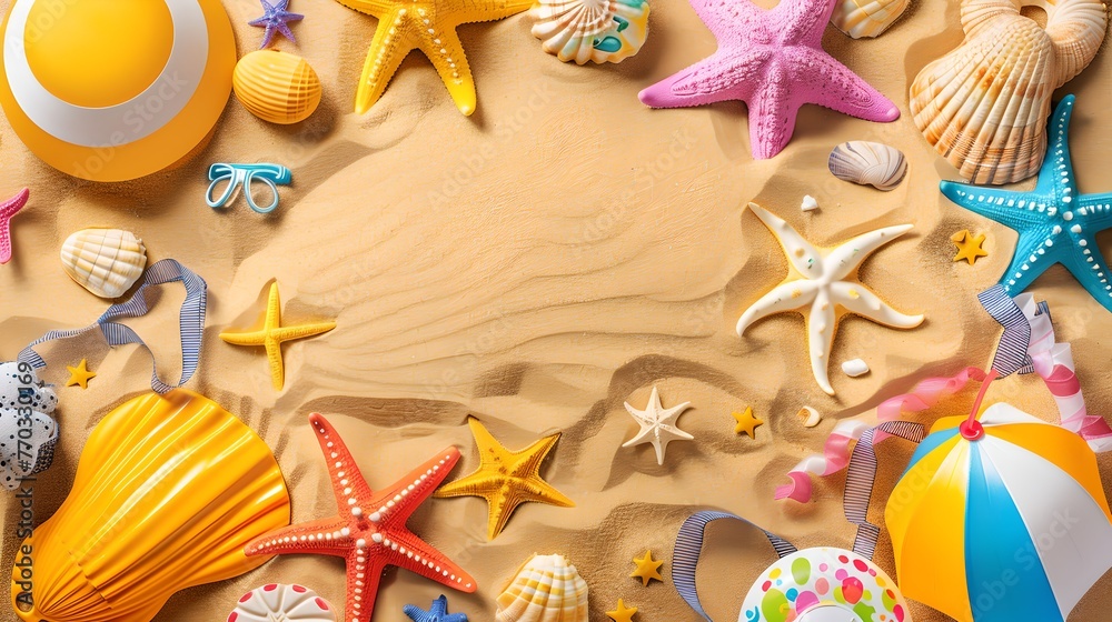 Summer Beach Fun with Colorful Toys and Shells on Sandy Background. Vibrant Vacation Concept, Holiday Design Elements Spread Joyfully. AI