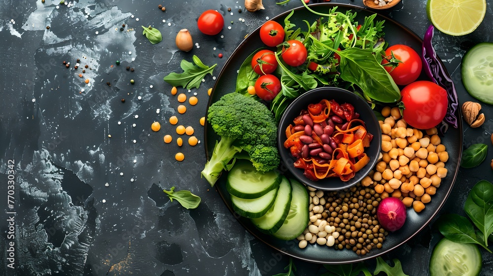 Colorful Healthy Eating Concept. Fresh Vegetables and Legumes on Dark Background. Ideal for Nutrition Blogs and Cookbooks. Clean Eating, Vegetarian Lifestyle Theme. AI Colorful Healthy Eating Concept. Fresh Vegetables and Legumes on Dark Background. Ideal for Nutrition Blogs and Cookbooks. Clean Eating, Vegetarian Lifestyle Theme. AI