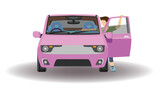 Cartoon vector or illustrator front of car. Pink of K-car with driving man open the door. Stepping up to get into the car. With shadow and isolated white background.