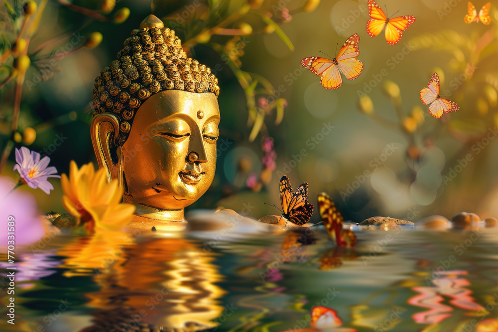 Fototapeta premium golden buddha with 3đ multicolor flowers and butterflies, nature background