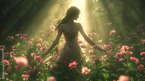Ethereal Woman amidst Blossoming Flowers in a Mystic Forest, Sunrays Piercing Through. An Enchanting, Dreamy Atmosphere Whimsical Style. Ideal for Fairy Tale Themes and Nature Backdrops. AI