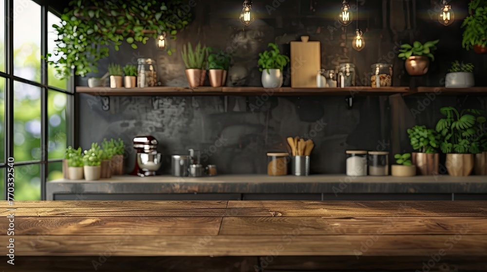 Product Table Top, Modern Kitchen Table Blurred Background.