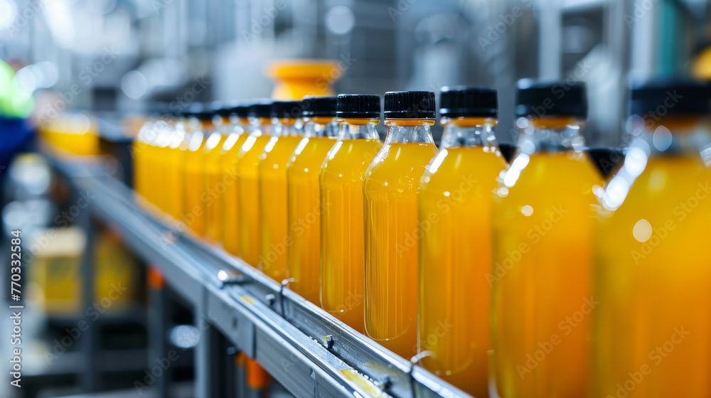 Line of bottling of orange fruit juice bottles on clean light factory with closeup view on the sweet drink bottle Line of bottling of orange fruit juice bottles on clean light factory with closeup view on the sweet drink bottle