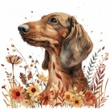 Minimalist boho dachshund, pastel hues, watercolor with autumn floral isolation, white canvas elegance