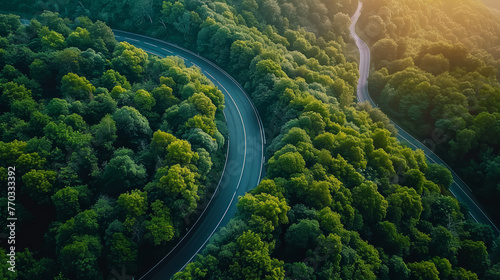 aerial view of the road, Top view beautiful curve road on green forest in the blue sky with sunny © Goodmood