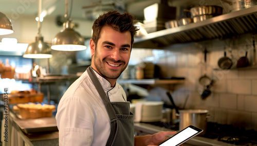 Cheerful young chef looking at camera in a commercial kitchen   using digital tablet  Looking for good recipes on the internet