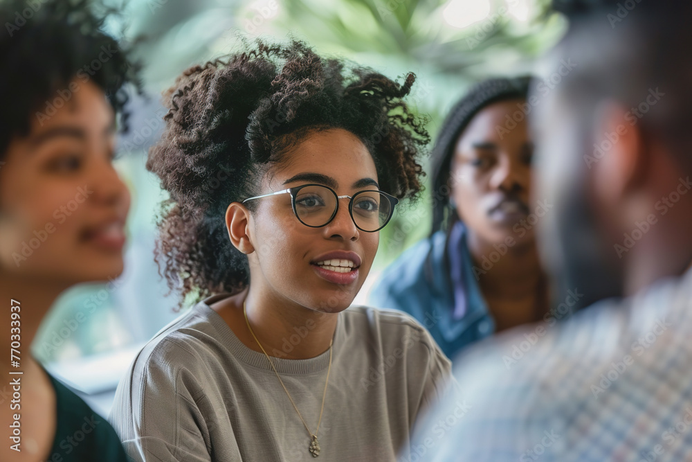 Fototapeta premium Young black woman engaging in a lively discussion with peers.
