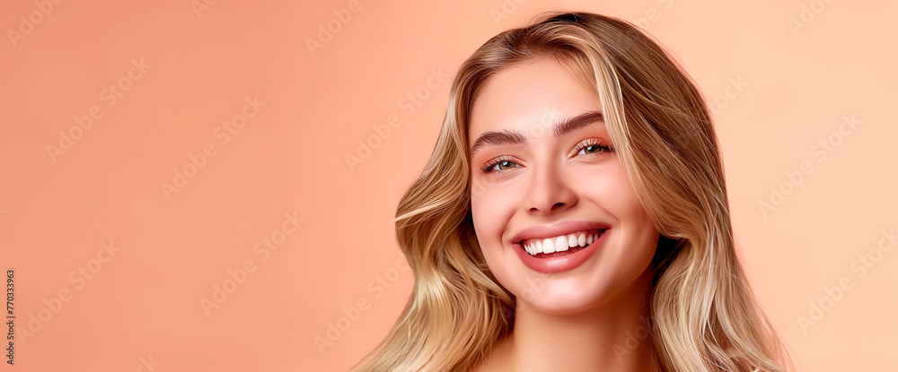 Portrait of attractive cheery brunet girl silky skin copy blank space ad isolated over beige pastel color background, Studio shot. Portrait of attractive cheery brunet girl silky skin copy blank space ad isolated over beige pastel color background, Studio shot.