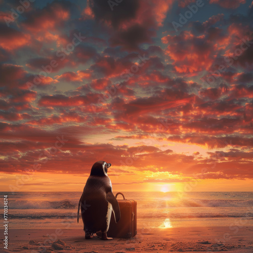 Tourist penguin sits with a suitcase on the beach and watches the sunset. Creative summer concept