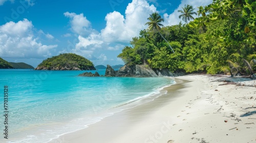 A secluded beach with turquoise water, white sand, and swaying palm trees. - © Vilayat