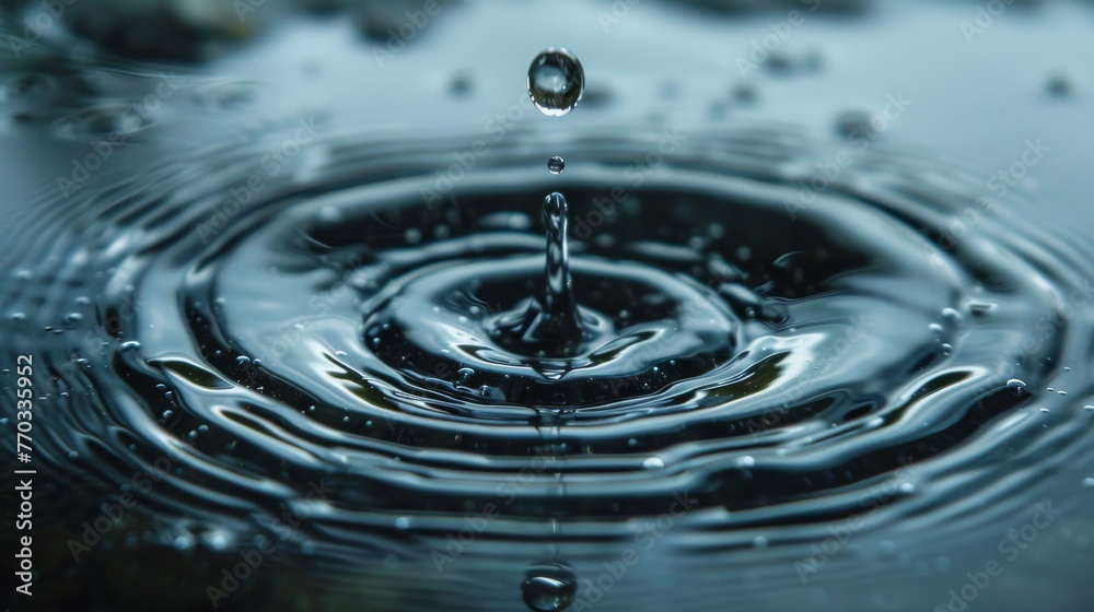 Raindrop falling into a pool creating a detailed ripple on a reflective surface
Raindrop falling into a pool creating a detailed ripple on a reflective surface