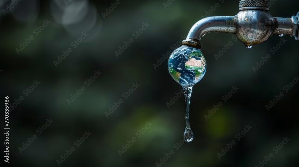 Conceptual image of a water drop dripping from tap with reflection of Earth
Conceptual image of a water drop dripping from tap with reflection of Earth