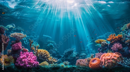 Underwater seascape with sunrays vibrant coral reef and marine life 