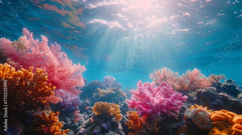 Sunlit underwater view of a colorful coral reef in a clear blue ocean
