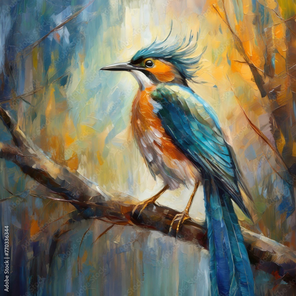 an exquisite oil painting of a majestic bird perched on a branch, its feathers depicted in rich, intricate detail, with subtle brushstrokes conveying a sense of movement and life.