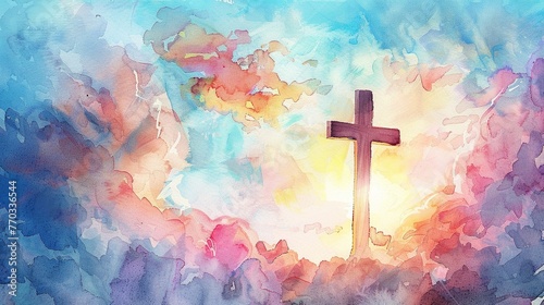 Cross with Holy Light and Clouds. Christian, Easter, Religious, Symbol, Jesus, Church, Cathedral, Painting, Belief, Religion, Sacred, Nobody, Gospel, God, Bible, Biblical, Divine 