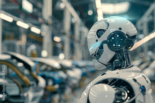 Robot working in car factory background.