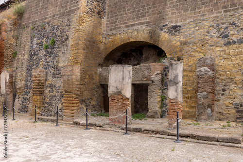 Ruins of an ancient city destroyed by the eruption of the volcano Vesuvius in 79 AD near Naples, Herculaneum, Italy.