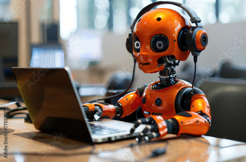 Photo of an orange humanoid robot with headphones sitting at a computer, working in an IT office